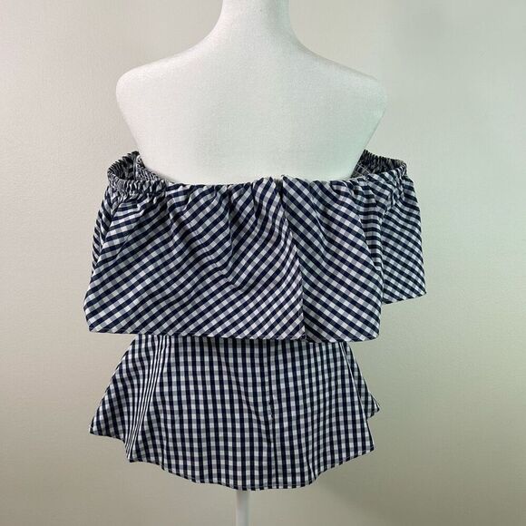 Boston Proper Off Shoulder‎ Gingham Peplum Top Size 8 Navy Preppy Country Ruffle - Picture 4 of 10